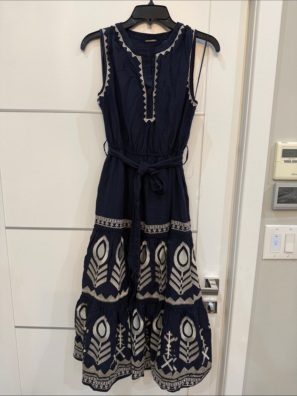 Elie Tahari Navy Maxi Dress with Cream Embroidery and Tie Waist